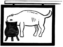 SIgnboards dogs head in pot